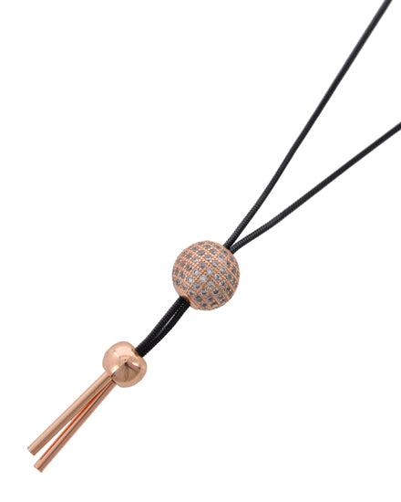 Rose Gold & Black with Pave Rhinestone Ball Pendant Long Necklace Black Chain