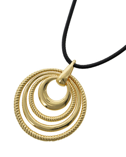 Textured Gold Tone Graduated Circle Pendant on Black Leatherette Long Necklace
