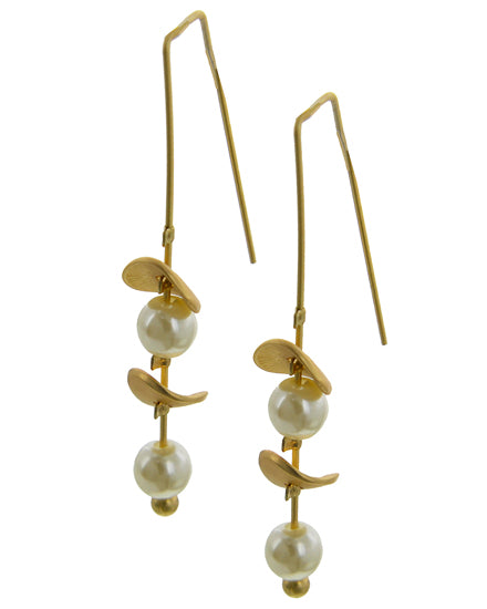 Matte Gold Tone French Hook Pearl - Synthetic & Petal Motif Dangle  Earring
