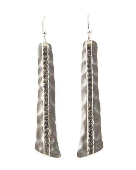 Crystal Accent on Matte Silver Tone Hammered Dangle Earring