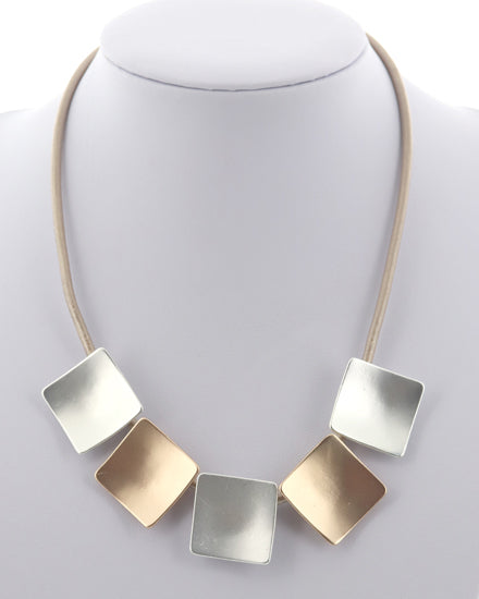 Comtemporary Metal Square Charm Matte Two-tone Leatherette Necklace