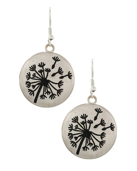 Flower Black Enameled Dandelion Antique Silver Tone Dangle Earring