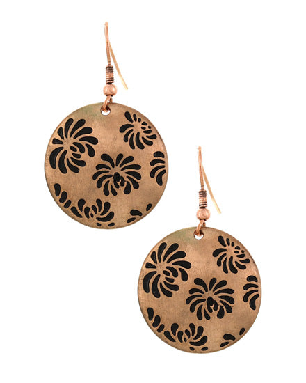 Flower Black Enameled Copper Hammered Dangle Earring