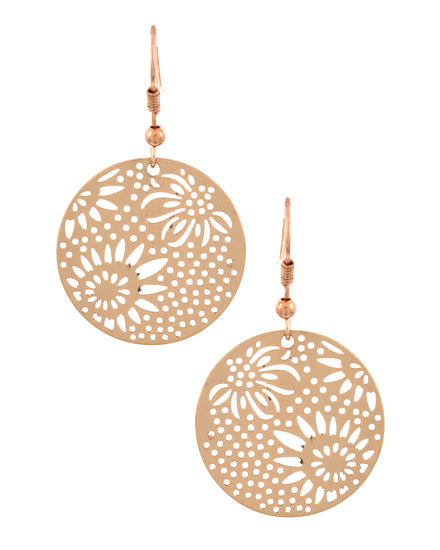 Filigree Laser Cutout Flower Dangle Earring Rose Gold Tone