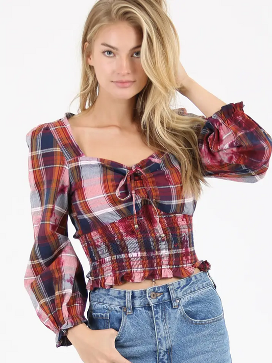 Plaid Top with Bleach Effect and Smocked Waist