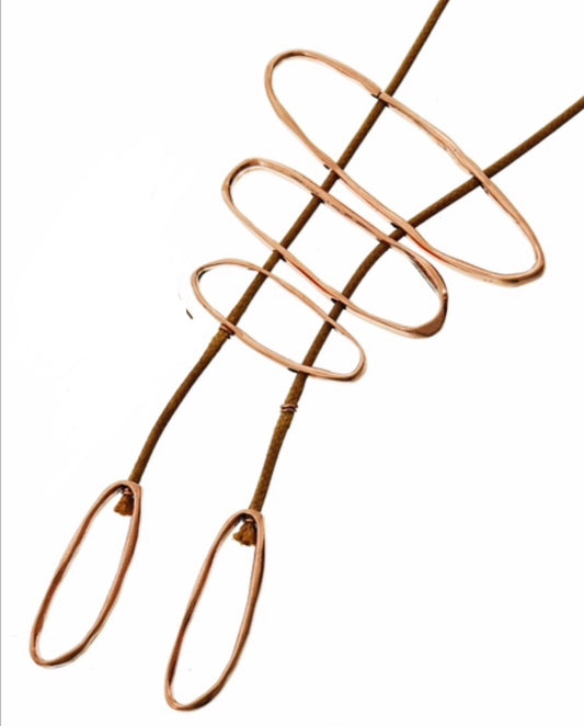 Long Necklace Geometric Rose Gold Ovals on Brown Cord