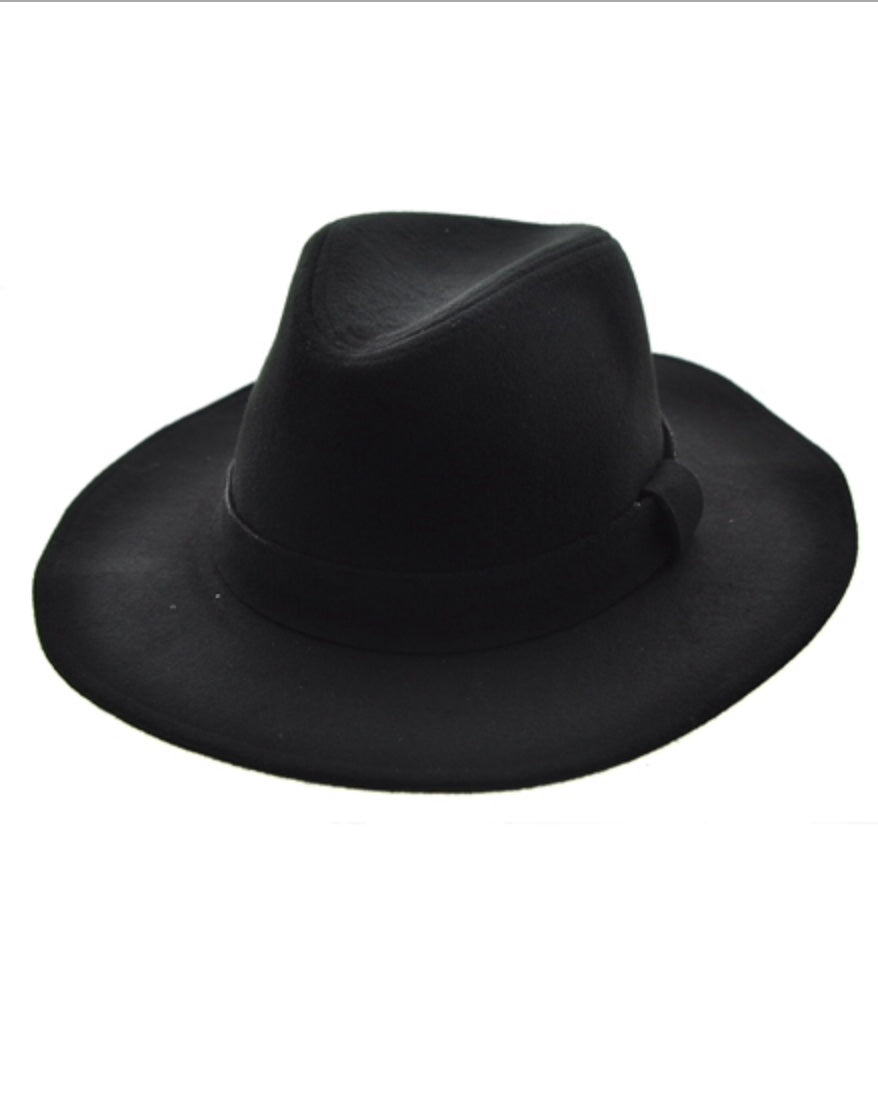 Classic Wide Brim Fedora Thin Band Fall/Winter Hat Black Wool Blend