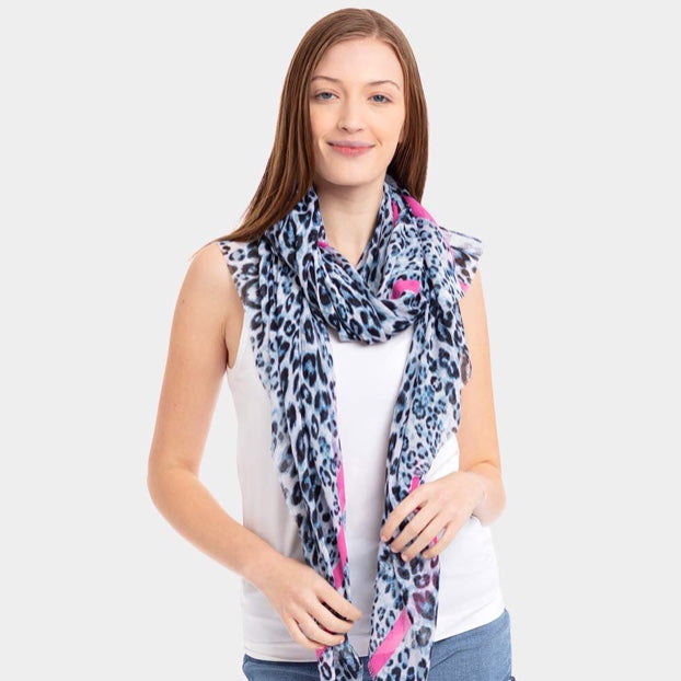Leopard Print Scarf With Color Line Blue