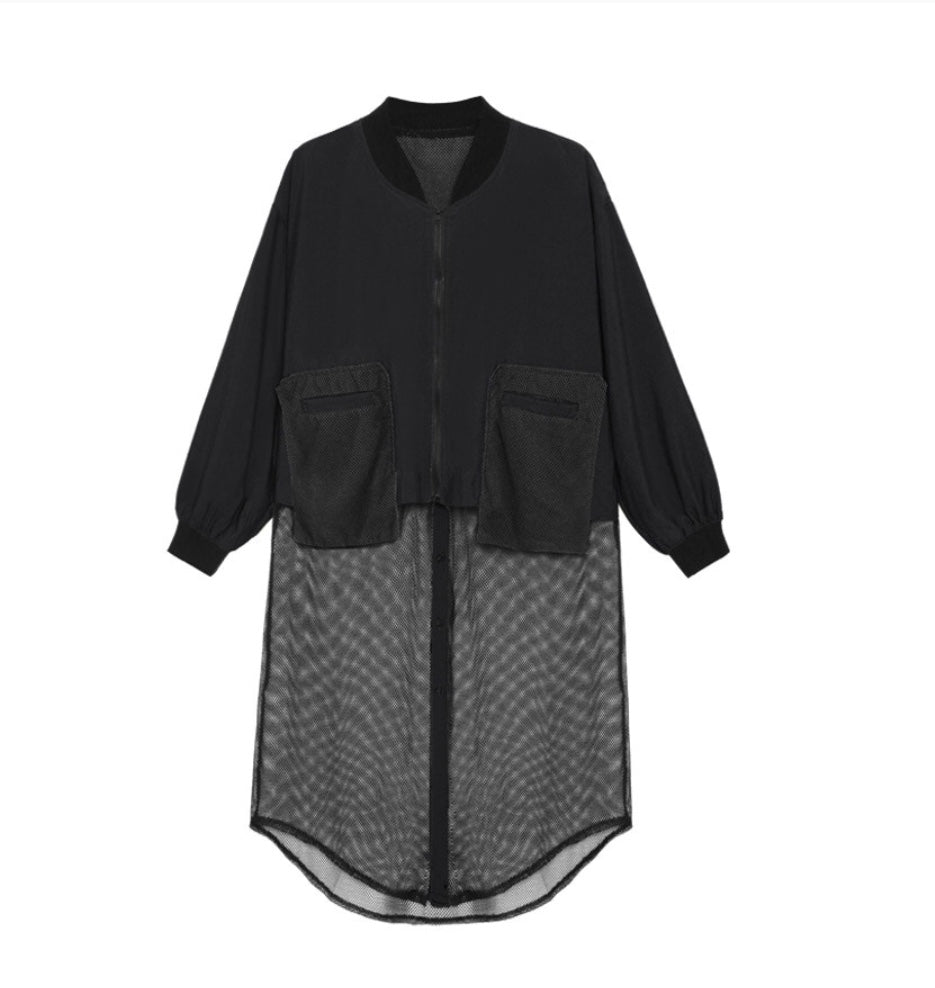 Rounded Collar Zip & Button Long Sleeve Coat with Mesh Hem Full Length