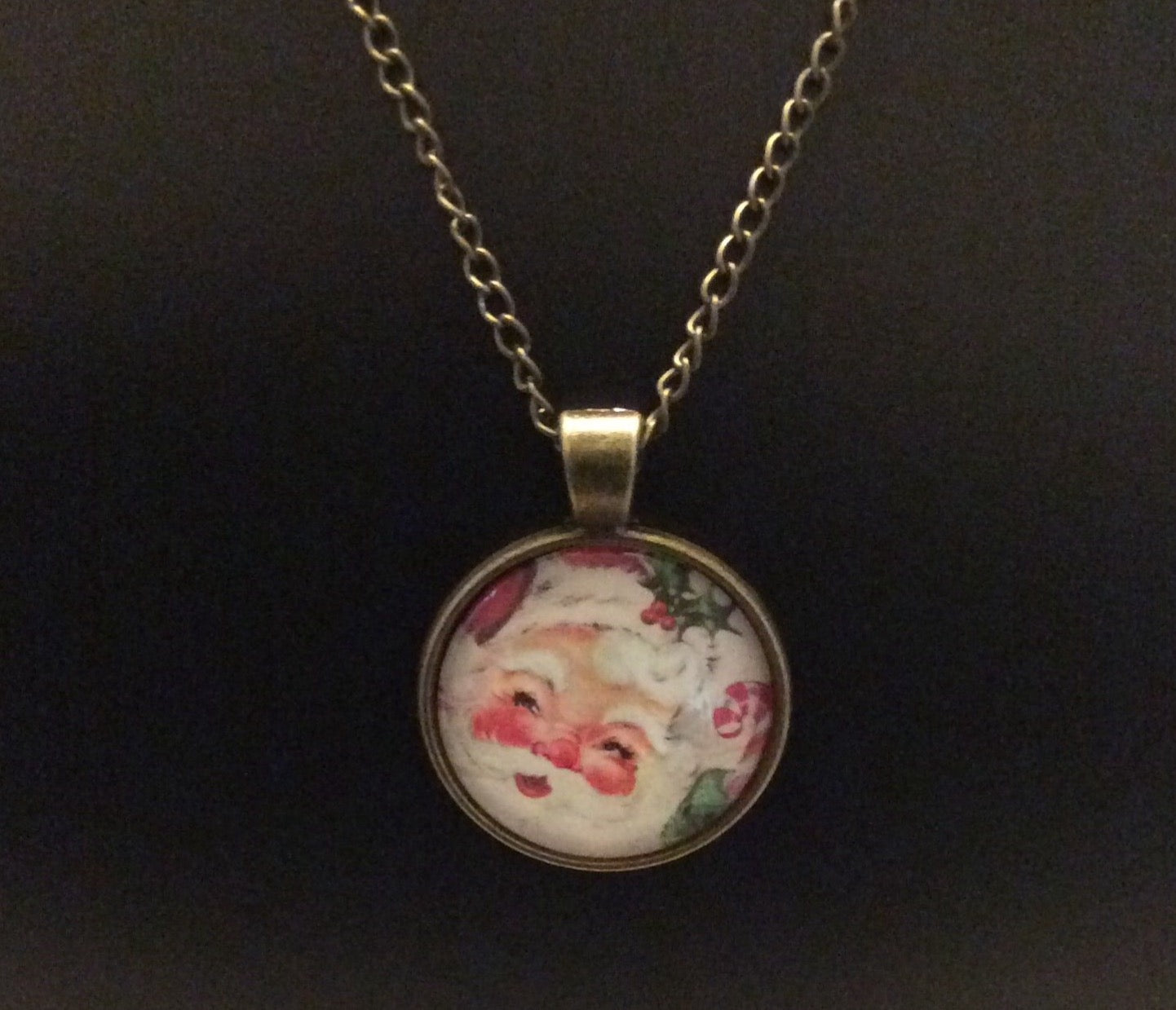 Glass Cabochon “Santa Claus” Bezel Set Necklace Bronze