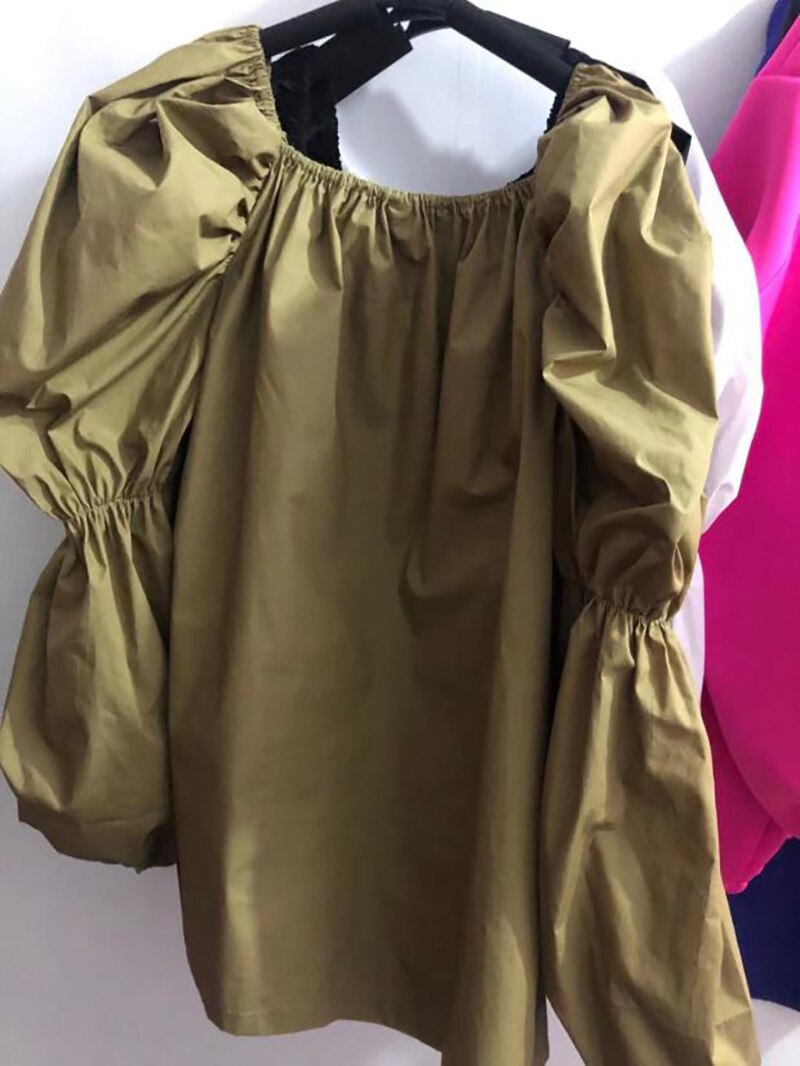 Mini Dress Square Collar Long Balloon Sleeve Oversized Fit Khaki