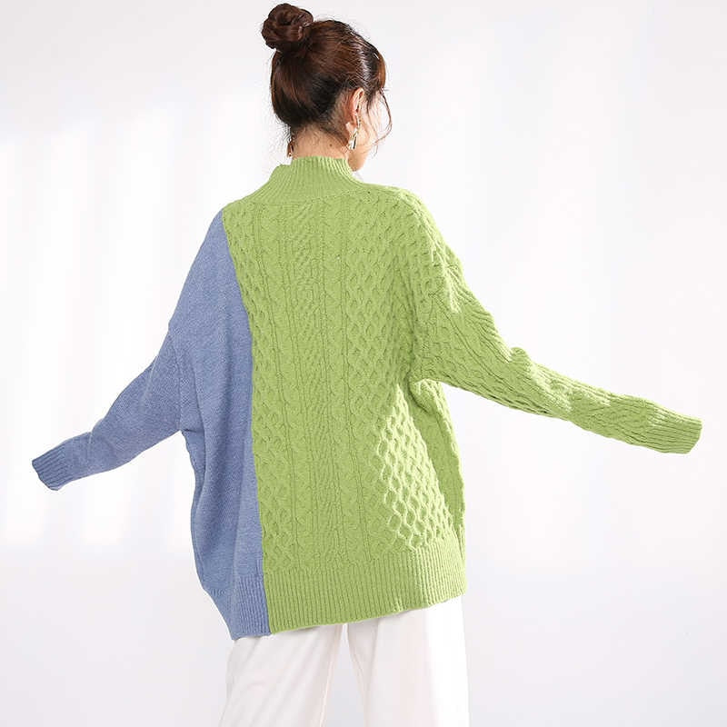 Split Two-Tone Sweater with Turtleneck Collar Long Sleeve Oversized