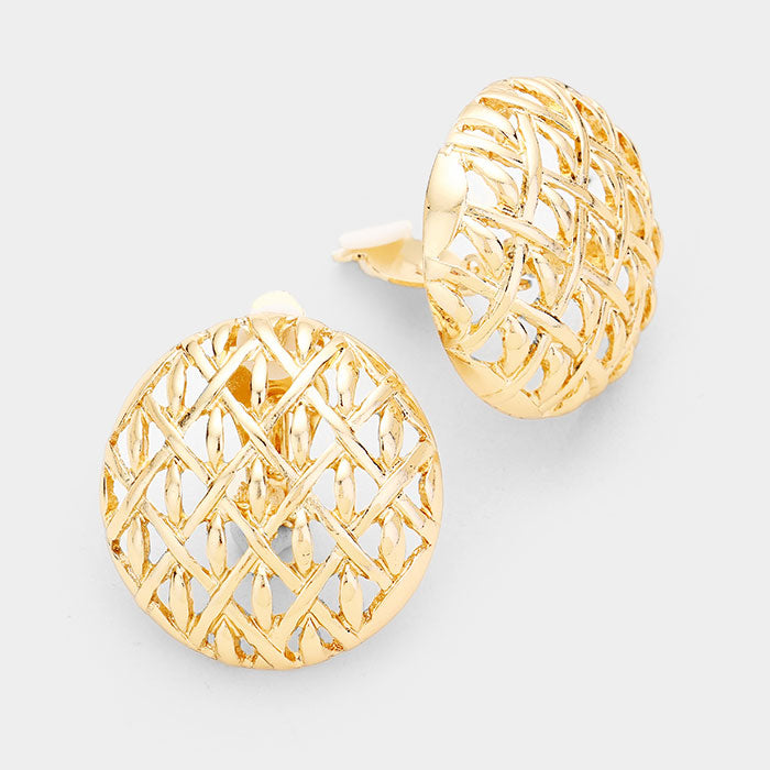 Round Caged Metal Clip On Earrings Gold Tone