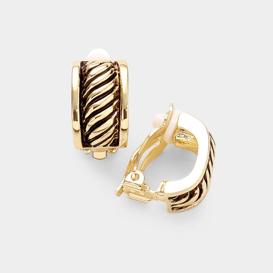 Antique Metal Oblique Line Half Hoop Clip On Earrings Antique Gold
