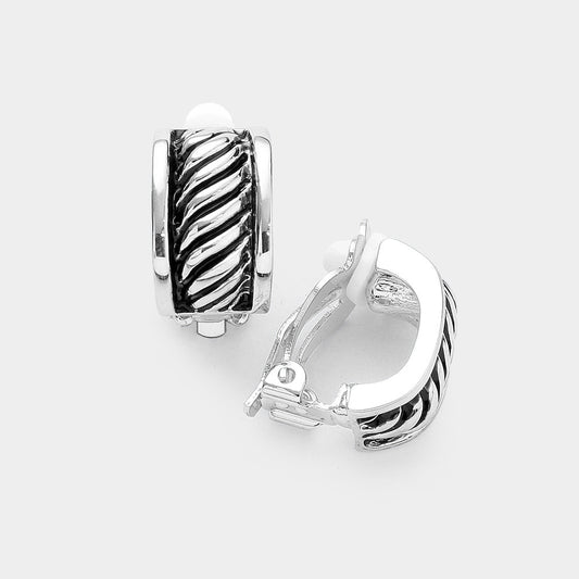Antique Metal Oblique Line Half Hoop Clip On Earrings Antique Silver
