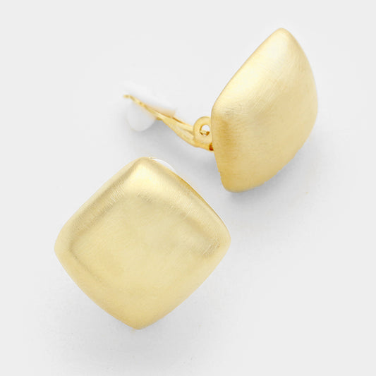 Brushed Square Metal Clip On Earrings Gold Tone