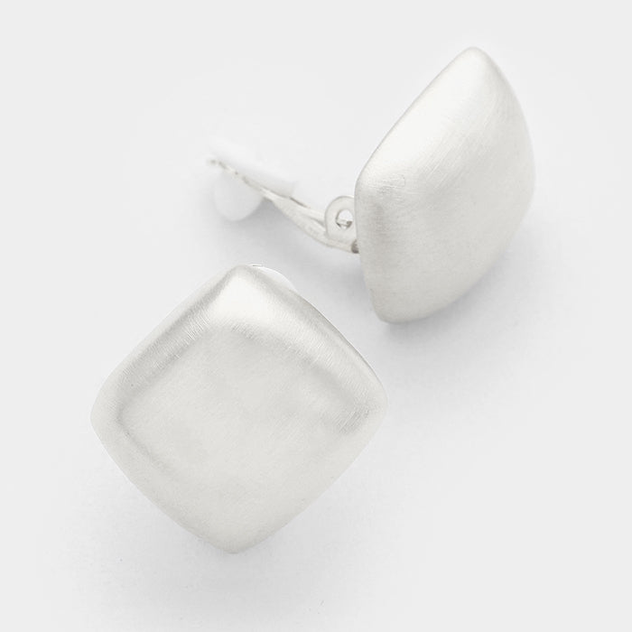 Brushed Square Metal Clip On Earrings Silver Tone