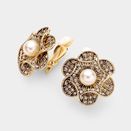 Rhinestone Embellished Antique Metal Flower Clip On Earrings Antique Gold