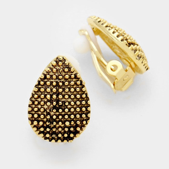 Embossed Metal Teardrop Clip On Earrings Antique Gold