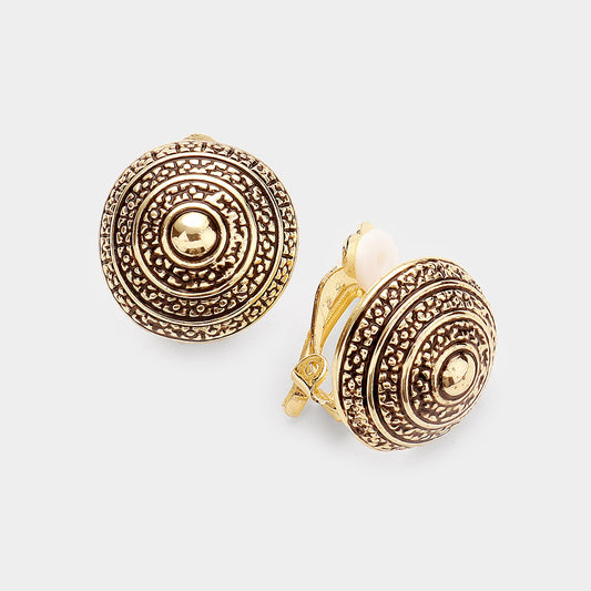 Textured Antique Metal Round Clip On Earrings Antique Gold
