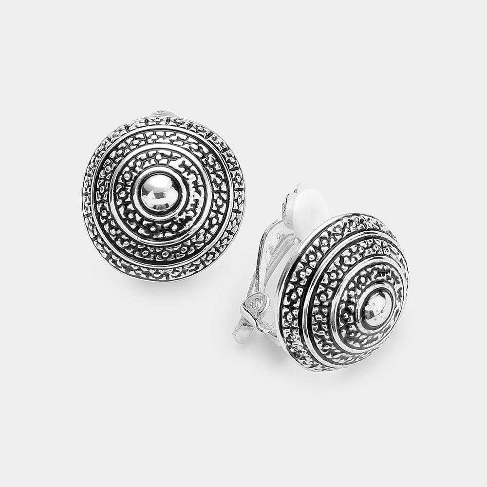 Textured Antique Metal Round Clip On Earrings Antique Silver