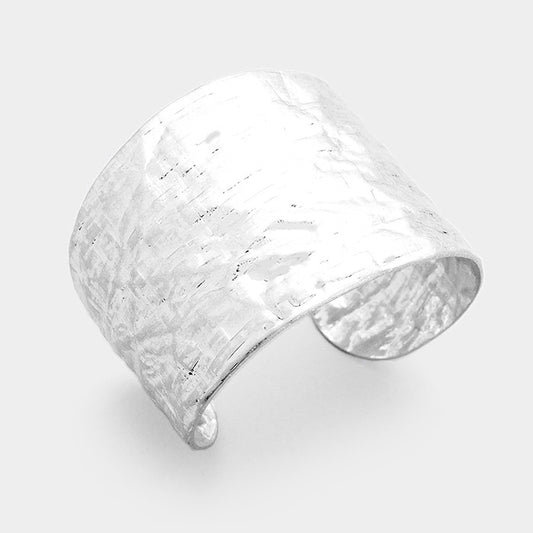 Matte Silver Hammered Textured Metal Cuff Bracelet