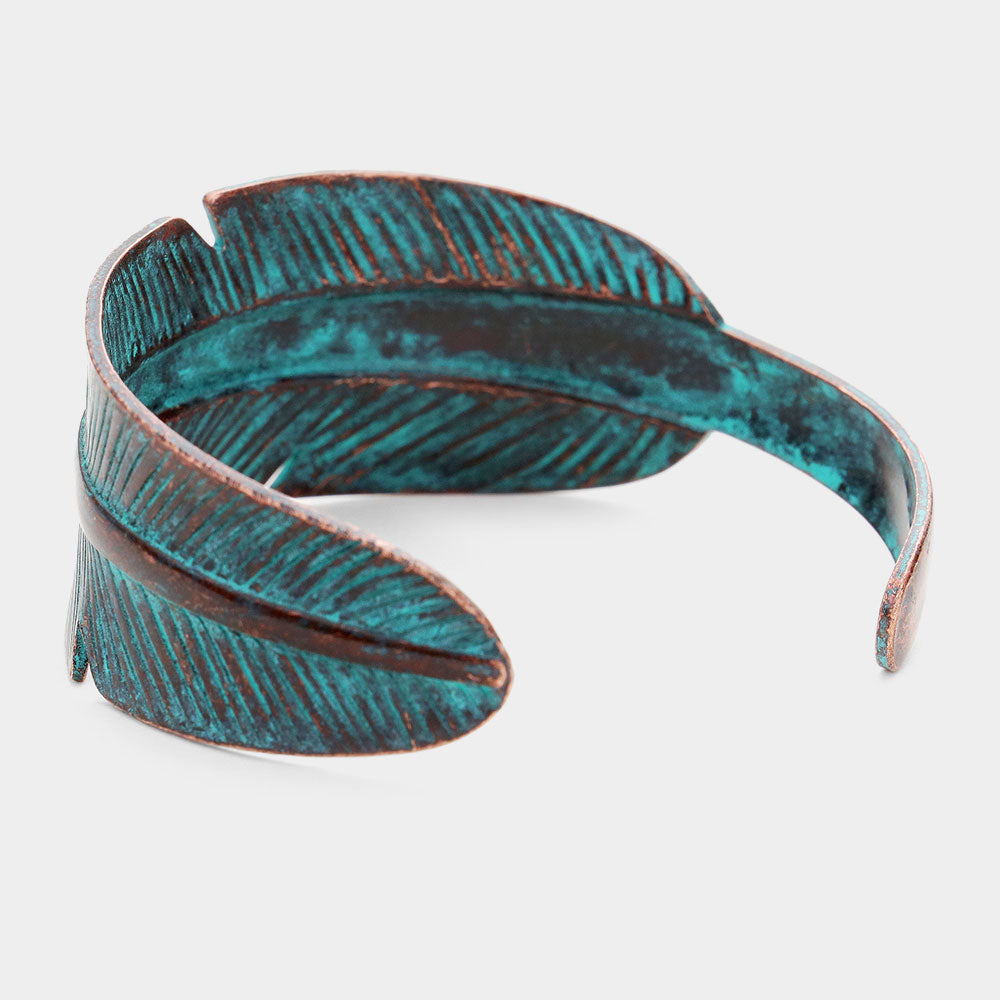 Feather Metal Cuff Bracelet Patina Verdigris