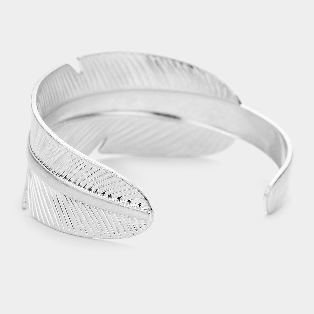 Feather Metal Cuff Bracelet Silver Tone