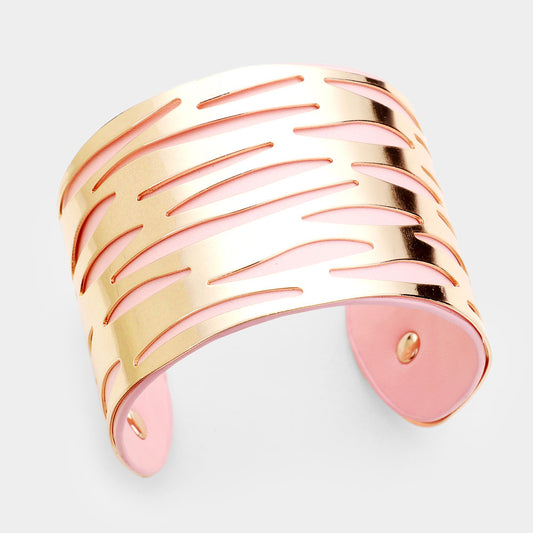 Vegan Leather Laser Cut Wave Filigree Cuff Bracelet Pink