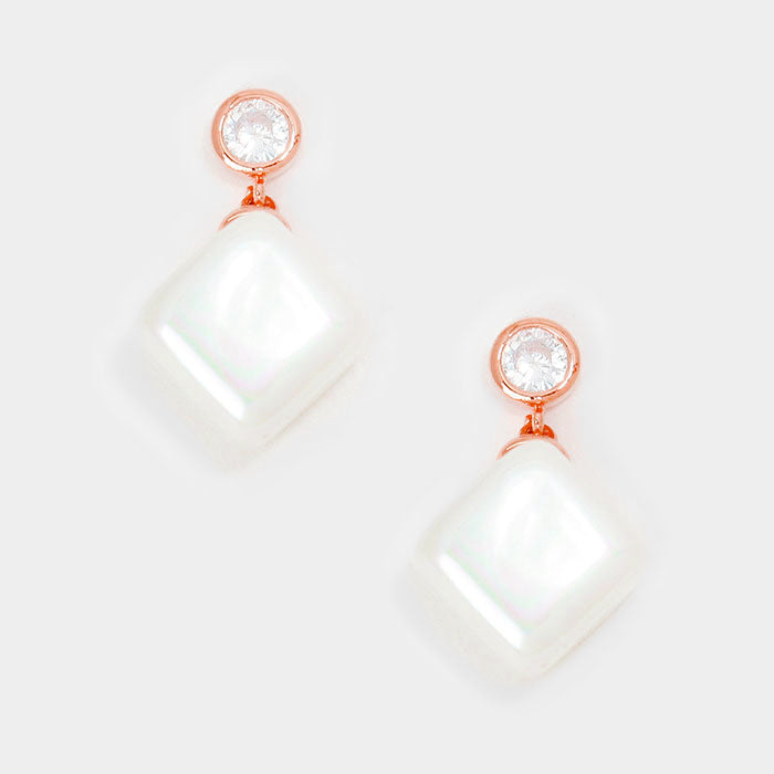 Crystal Cubic Zirconia (CZ) & Cube Pearl Earrings Rose Gold Tone