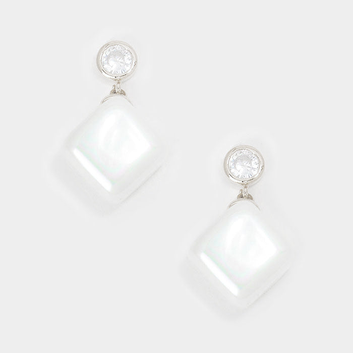 Crystal Cubic Zirconia (CZ) & Cube Pearl Earrings Silve Tone