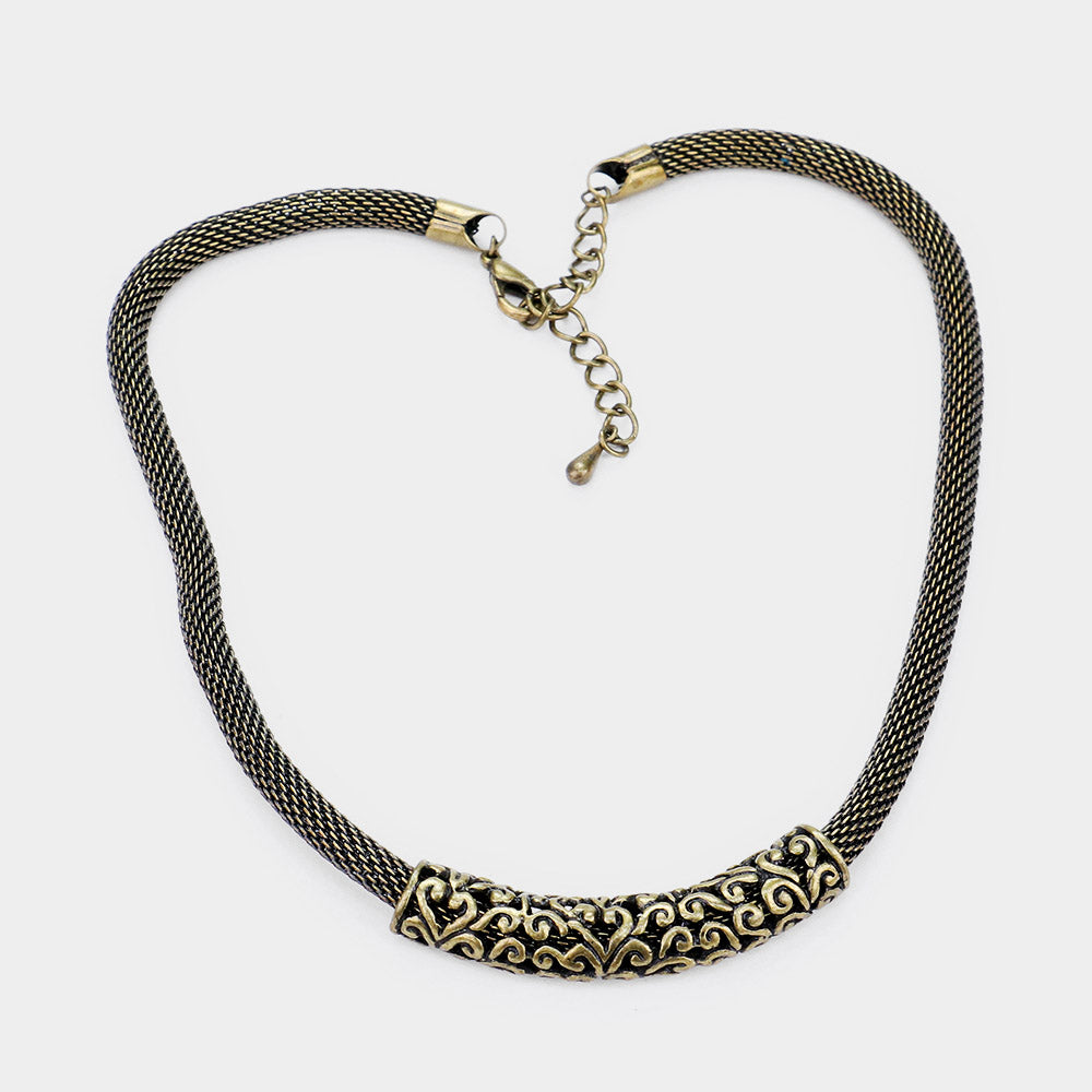 Embossed Metal Mesh Chain Necklace Antique Gold