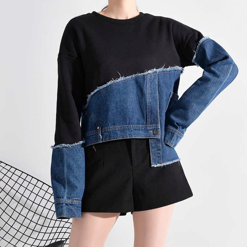 Split Fabric Black Jersey & Denim Asymmetrical Long Sleeve Top