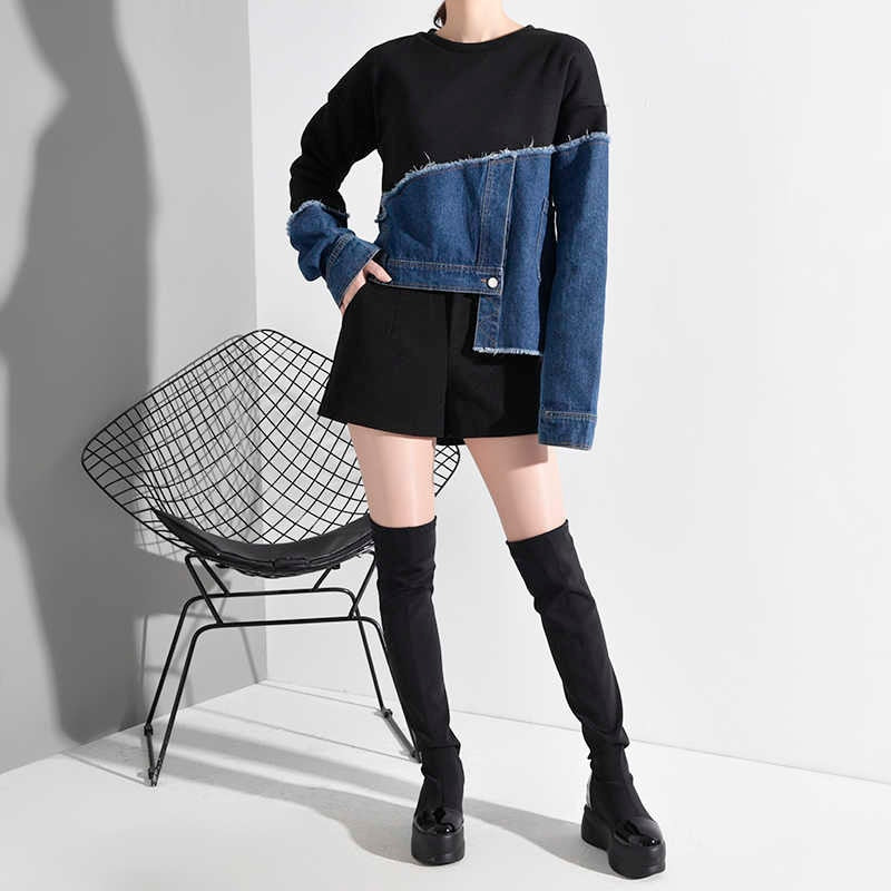 Split Fabric Black Jersey & Denim Asymmetrical Long Sleeve Top