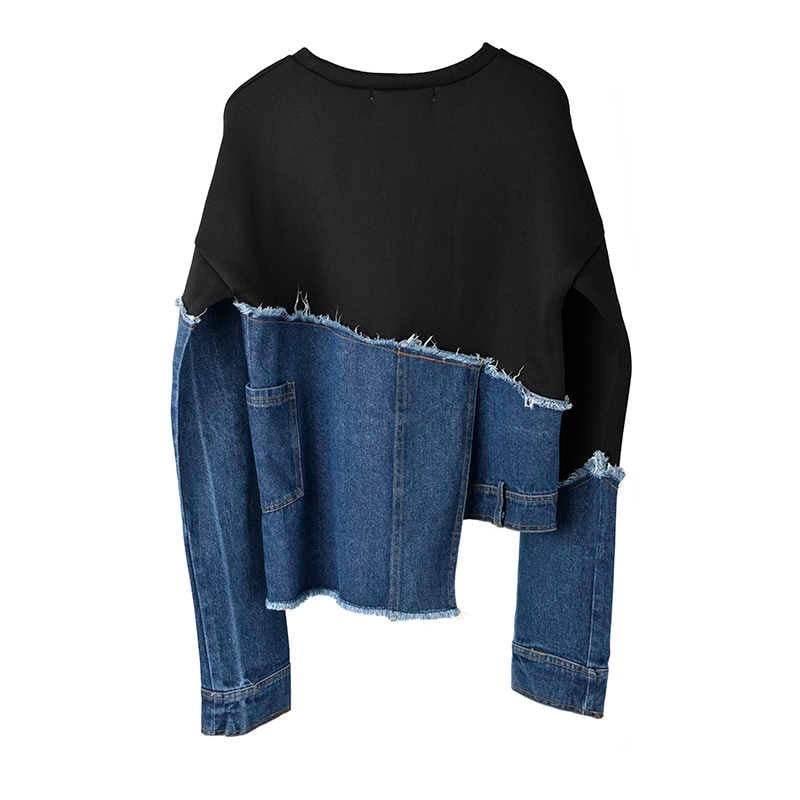 Split Fabric Black Jersey & Denim Asymmetrical Long Sleeve Top