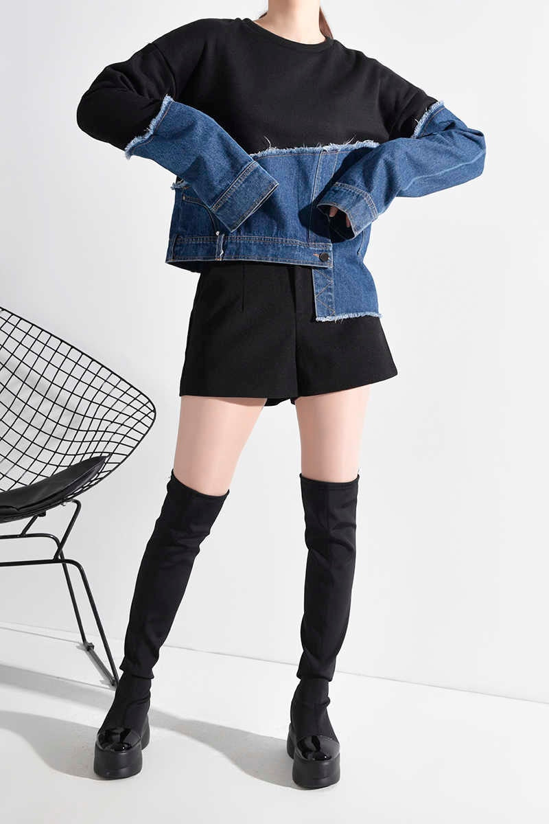 Split Fabric Black Jersey & Denim Asymmetrical Long Sleeve Top