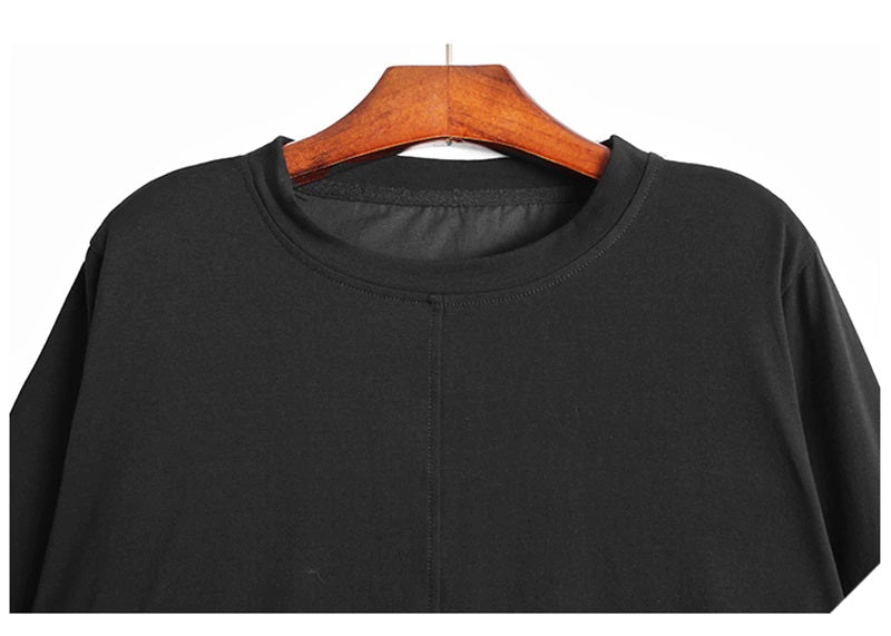 Split Fabric Black Jersey & Denim Asymmetrical Long Sleeve Top