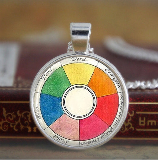Glass Cabochon Color Wheel Bezel Set Necklace Silver Plated