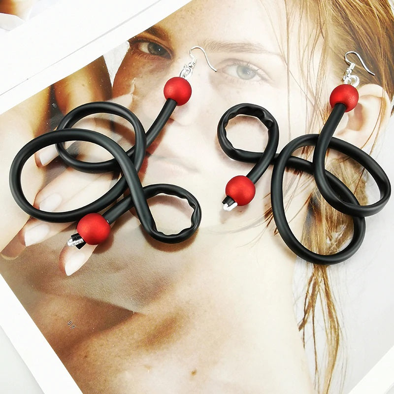 Recycled Rubber/Silicone Swirl Earrings with Faux Red Pearl Accents Dangle Earrings