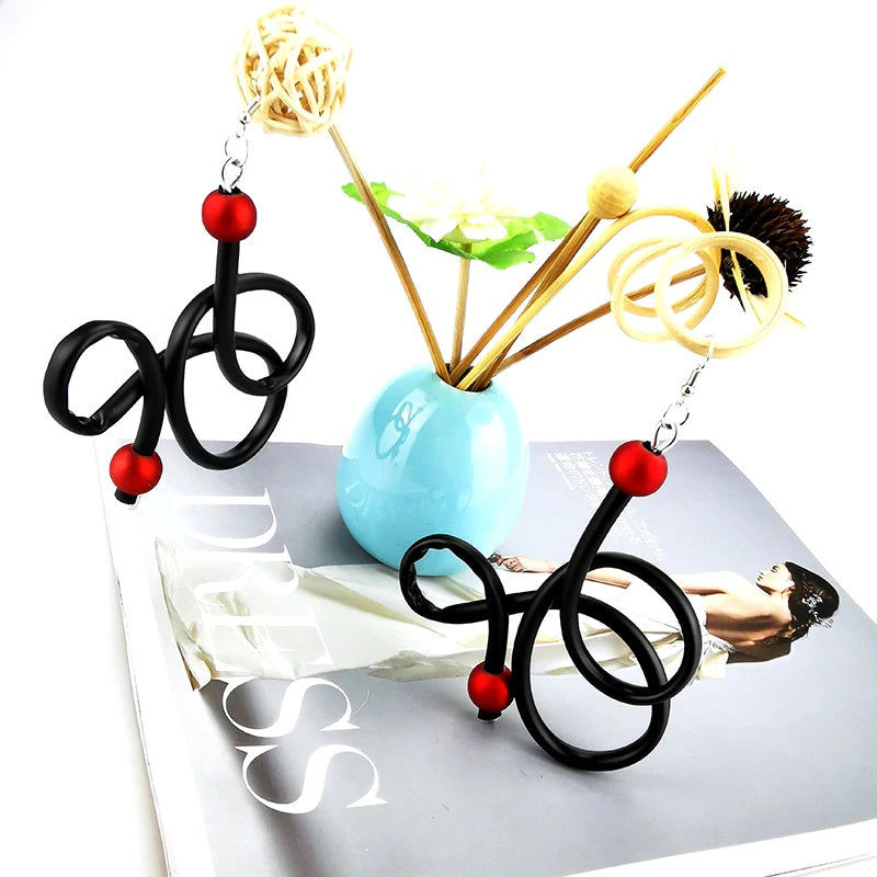 Recycled Rubber/Silicone Swirl Earrings with Faux Red Pearl Accents Dangle Earrings