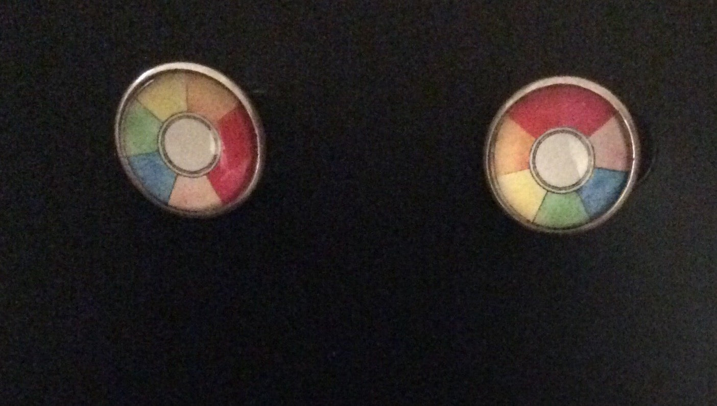 Glass Cabochon "Color Wheel" Bezel Set Earrings Silver