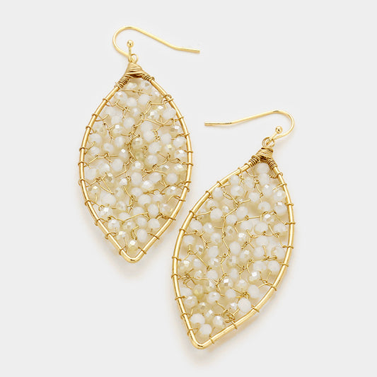 Ivory Woven Glass Bead Cluster Marquise Earrings
