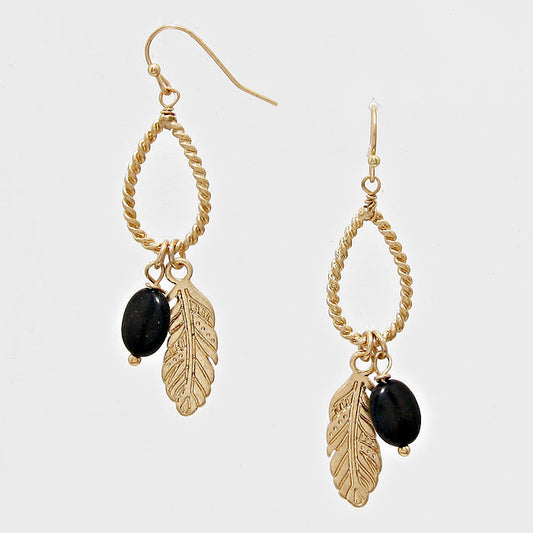 Feather Drop Earrings Black & Matte Gold
