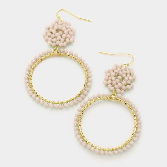 Ivory Beaded Disk With Bead Wire Wrapped Hoop Earrings