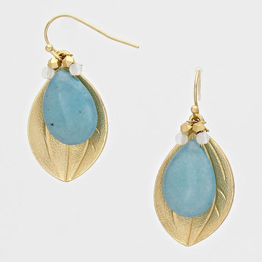 Leaf & Gemstone Drop Earrings Blue/Matte Gold Tone