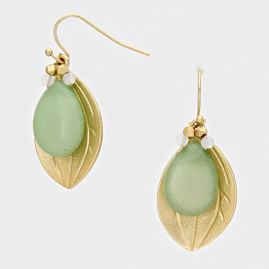 Leaf & Gemstone Drop Earrings Mint/Matte Gold Tone