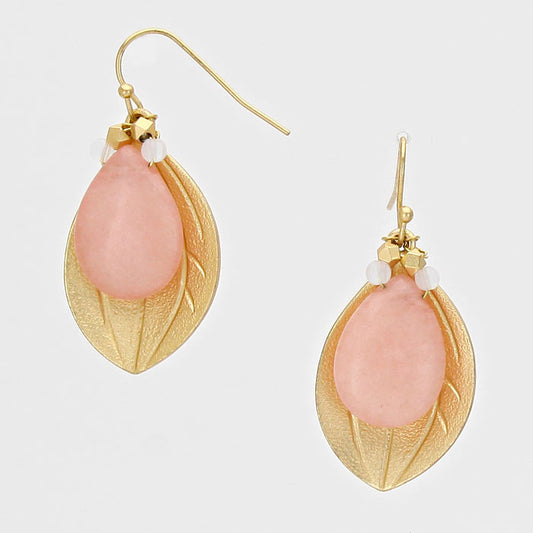 Leaf & Gemstone Drop Earrings Pink/Matte Gold