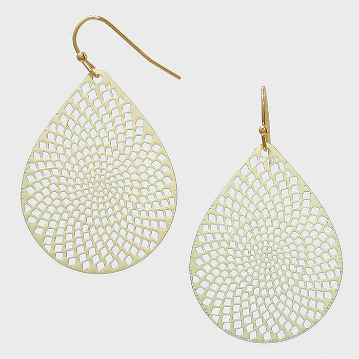 Teardrop Filigree Laser Cut Out Metal Earrings Ivory