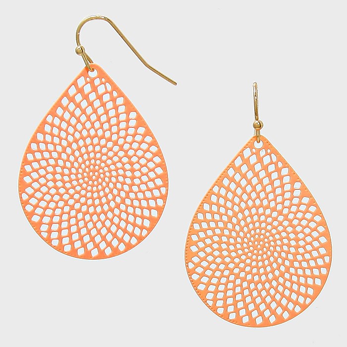 Teardrop Filigree Laser Cut Out Metal Earrings Peach