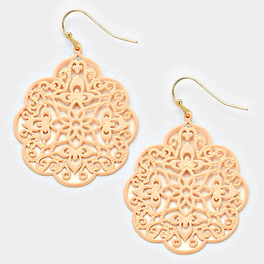 Floral Filigree Laser Cut Out Earrings Peach
